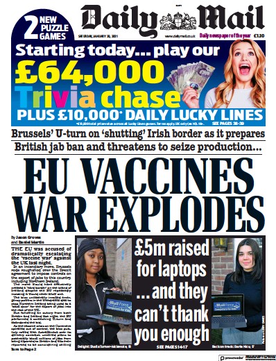 Daily Mail Newspaper Front Page for 30 January 2021