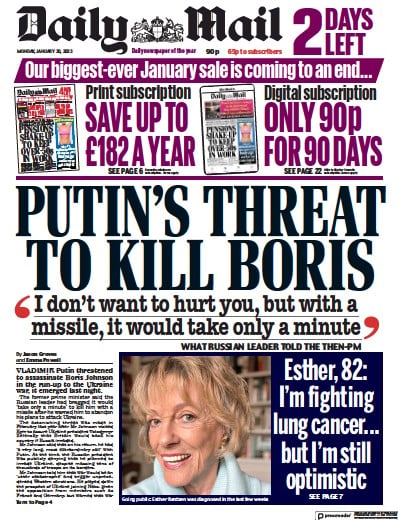 Daily Mail (UK) Newspaper Front Page for 30 January 2023