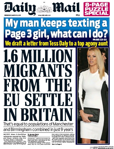 Daily Mail Newspaper Front Page for 30 March 2016