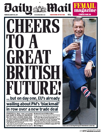 Daily Mail (UK) Newspaper Front Page for 30 March 2017