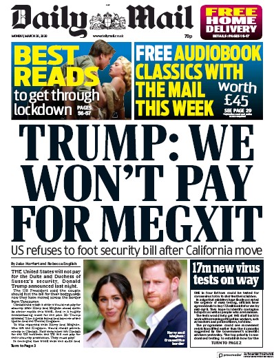 Daily Mail Newspaper Front Page for 30 March 2020