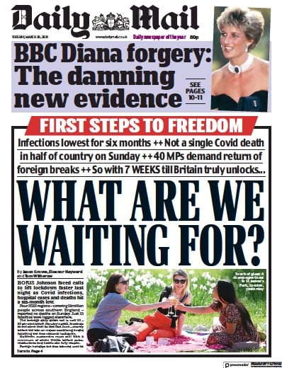 Daily Mail (UK) Newspaper Front Page for 30 March 2021