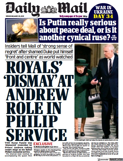 Daily Mail (UK) Newspaper Front Page for 30 March 2022
