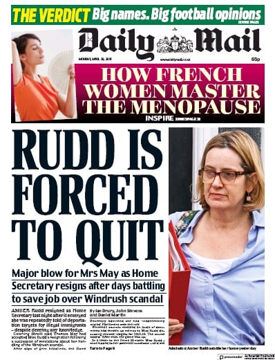 Daily Mail Newspaper Front Page for 30 April 2018
