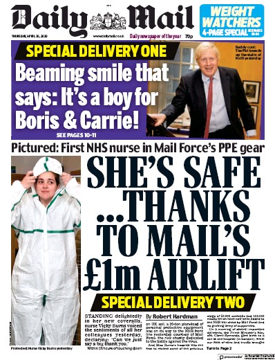 Daily Mail Newspaper Front Page for 30 April 2020
