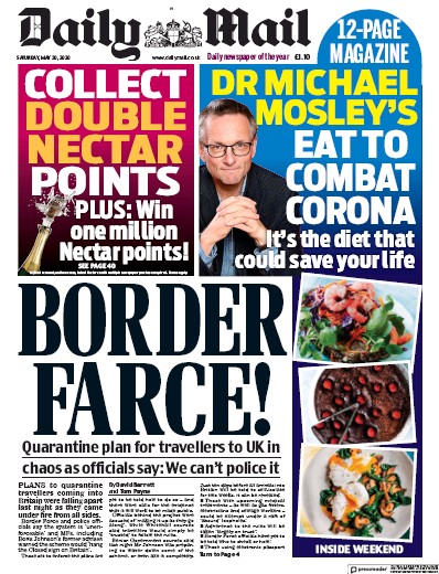 Daily Mail Newspaper Front Page for 30 May 2020