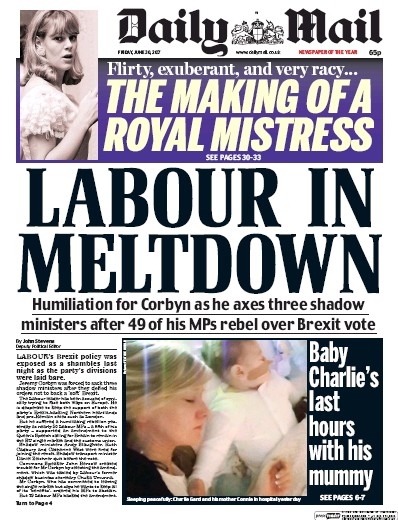 Daily Mail (UK) Newspaper Front Page for 30 June 2017