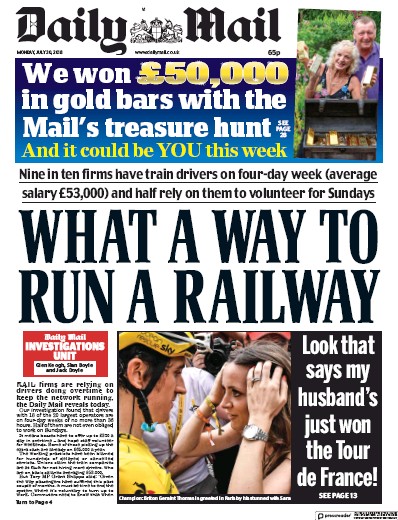 Daily Mail (UK) Newspaper Front Page for 30 July 2018