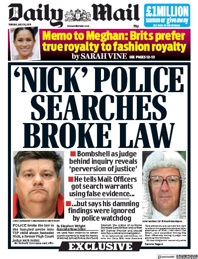 Daily Mail Newspaper Front Page for 30 July 2019