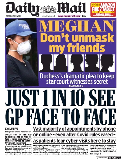 Daily Mail Newspaper Front Page for 30 July 2020