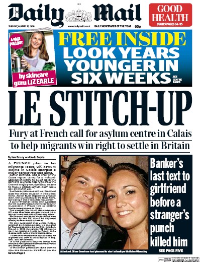 Daily Mail Newspaper Front Page for 30 August 2016