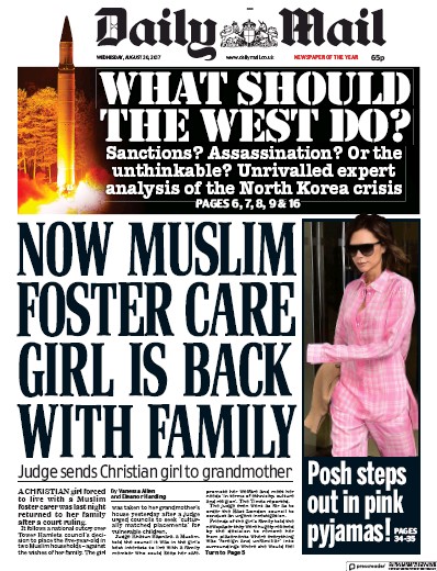 Daily Mail Newspaper Front Page for 30 August 2017