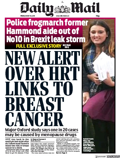 Daily Mail Newspaper Front Page for 30 August 2019