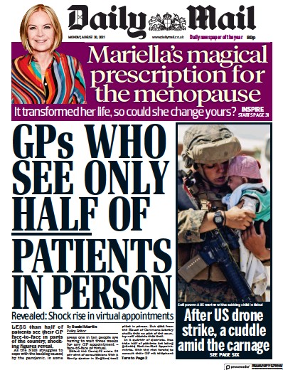 Daily Mail (UK) Newspaper Front Page for 30 August 2021
