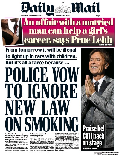 Daily Mail Newspaper Front Page for 30 September 2015