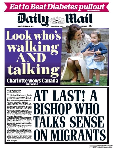 Daily Mail (UK) Newspaper Front Page for 30 September 2016