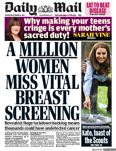 Daily Mail Newspaper Front Page for 30 September 2020