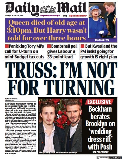 Daily Mail (UK) Newspaper Front Page for 30 September 2022