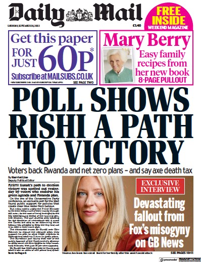 Daily Mail Newspaper Front Page for 30 September 2023