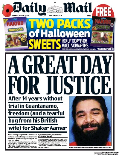 Daily Mail Newspaper Front Page for 31 October 2015