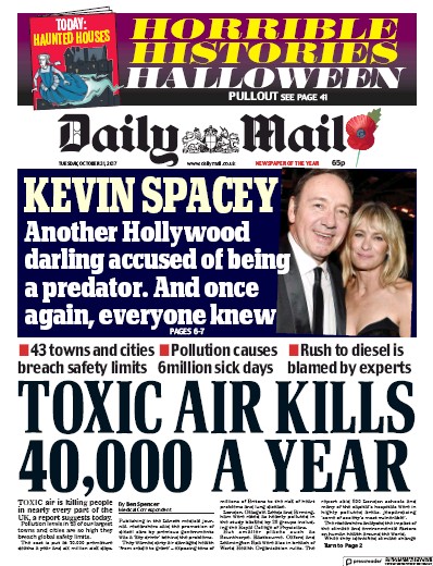 Daily Mail Newspaper Front Page for 31 October 2017