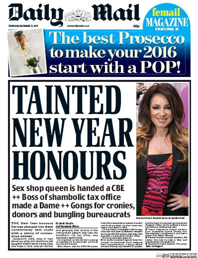 Daily Mail Newspaper Front Page for 31 December 2015