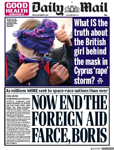 Daily Mail (UK) Newspaper Front Page for 31 December 2019