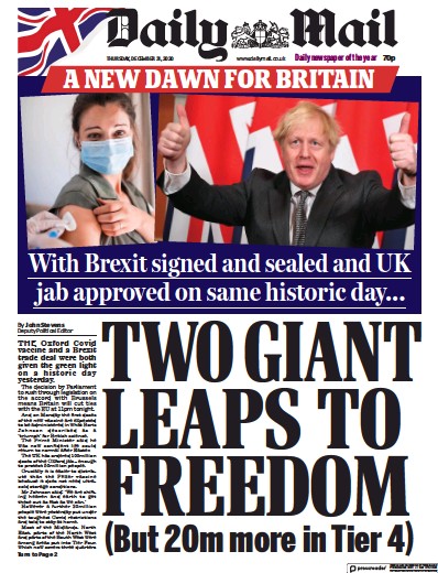 Daily Mail Newspaper Front Page for 31 December 2020