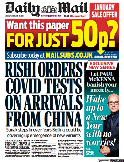 Daily Mail Newspaper Front Page for 31 December 2022