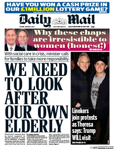 Daily Mail Newspaper Front Page for 31 January 2017