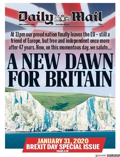 Daily Mail Newspaper Front Page for 31 January 2020