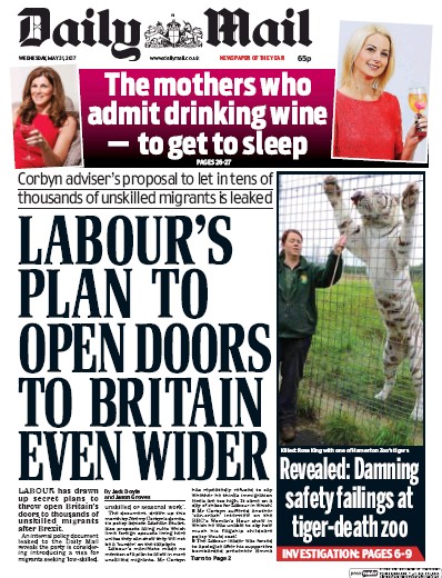 Daily Mail Newspaper Front Page for 31 May 2017