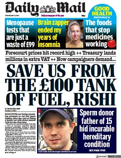 Daily Mail (UK) Newspaper Front Page for 31 May 2022