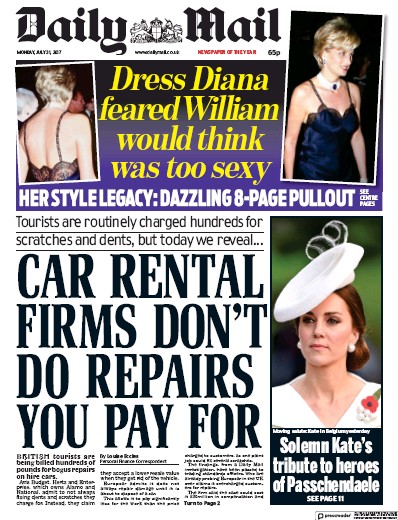 Daily Mail Newspaper Front Page for 31 July 2017