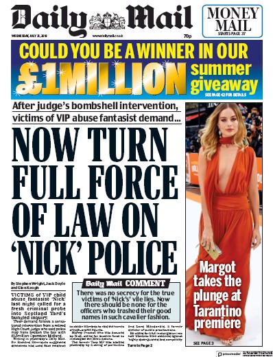 Daily Mail Newspaper Front Page for 31 July 2019