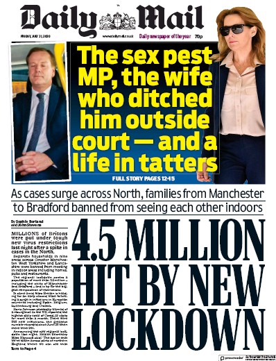 Daily Mail (UK) Newspaper Front Page for 31 July 2020