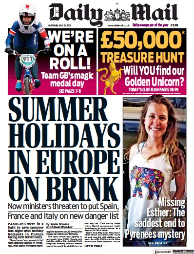 Daily Mail (UK) Newspaper Front Page for 31 July 2021
