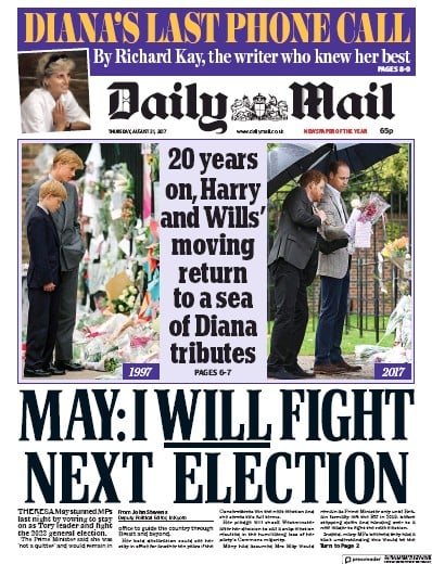 Daily Mail Newspaper Front Page for 31 August 2017