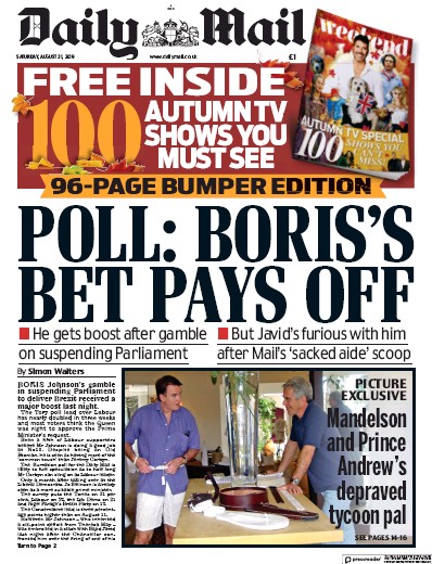 Daily Mail Newspaper Front Page for 31 August 2019