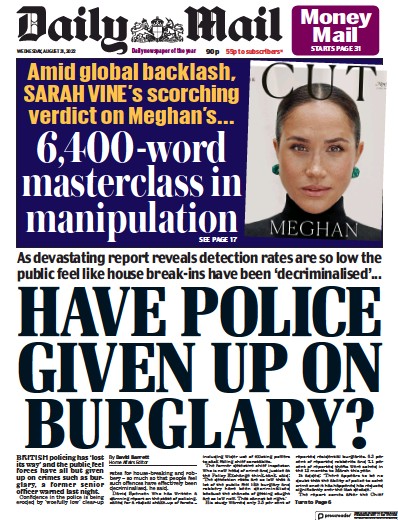 Daily Mail (UK) Newspaper Front Page for 31 August 2022