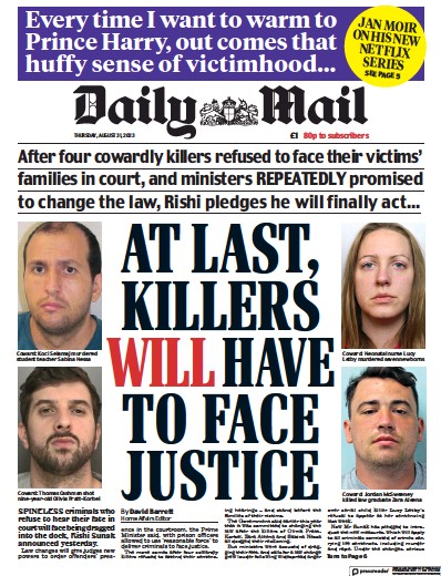 Daily Mail (UK) Newspaper Front Page for 31 August 2023