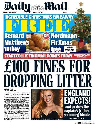 Daily Mail Newspaper Front Page for 3 October 2015
