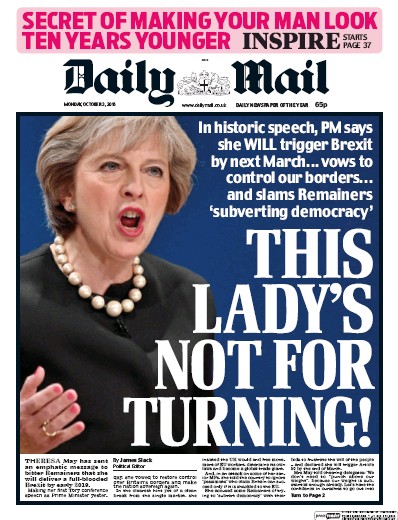 Daily Mail Newspaper Front Page for 3 October 2016