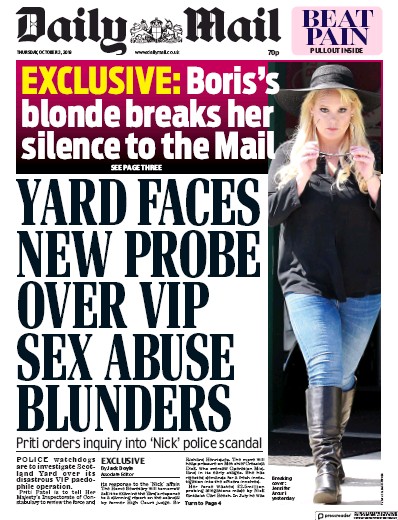 Daily Mail Newspaper Front Page for 3 October 2019