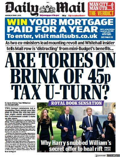 Daily Mail (UK) Newspaper Front Page for 3 October 2022
