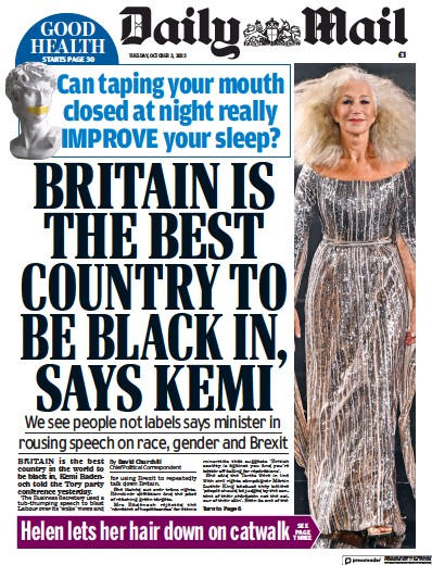 Daily Mail (UK) Newspaper Front Page for 3 October 2023