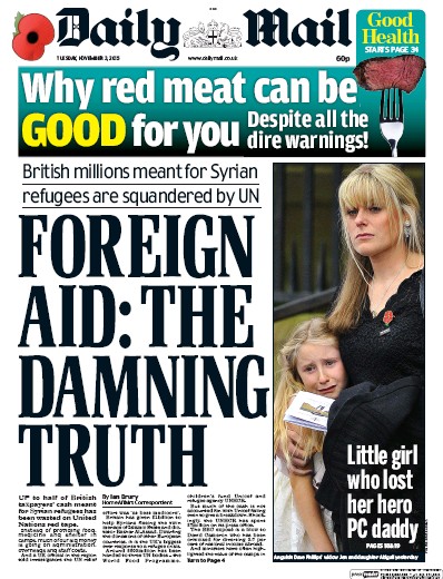 Daily Mail Newspaper Front Page for 3 November 2015