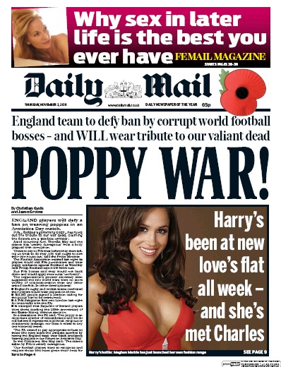 Daily Mail Newspaper Front Page for 3 November 2016