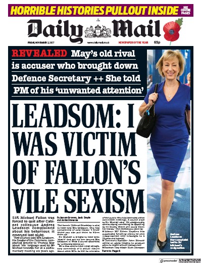Daily Mail Newspaper Front Page for 3 November 2017