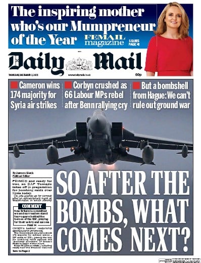 Daily Mail (UK) Newspaper Front Page for 3 December 2015